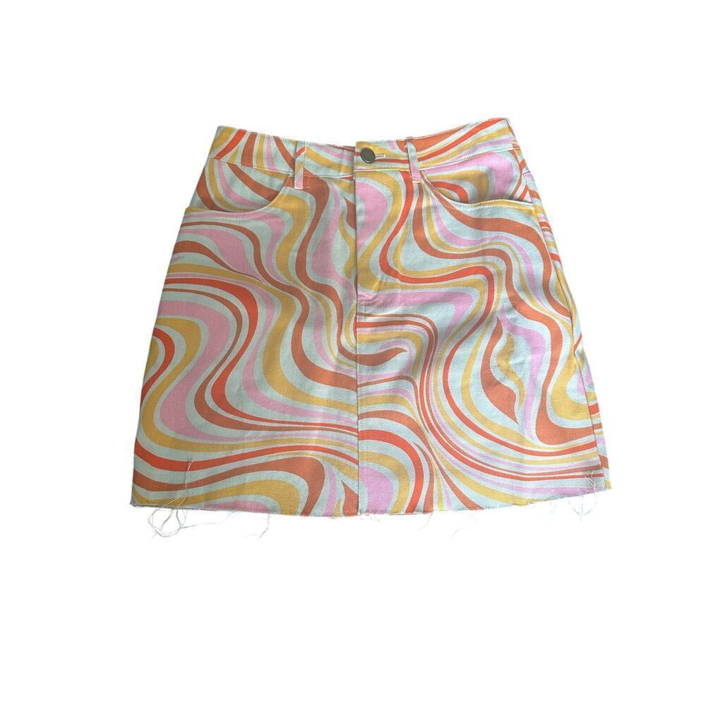 NWOT Pretty Garbage Groovy Swirl  Denim Skirt Outfit Size S - Picture 2 of 6